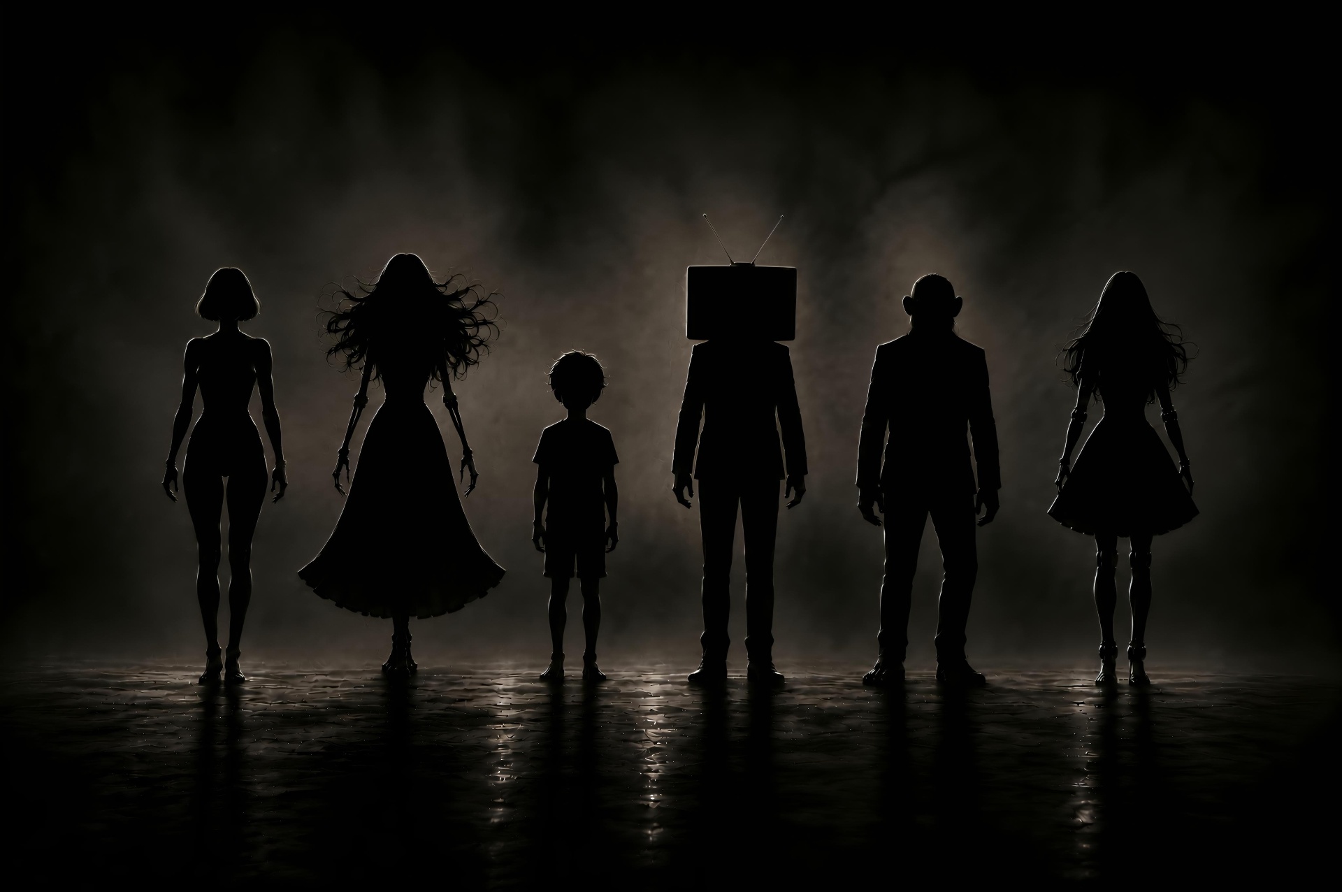 The six MISTAKES OG silhouettes standing in cinematic fog