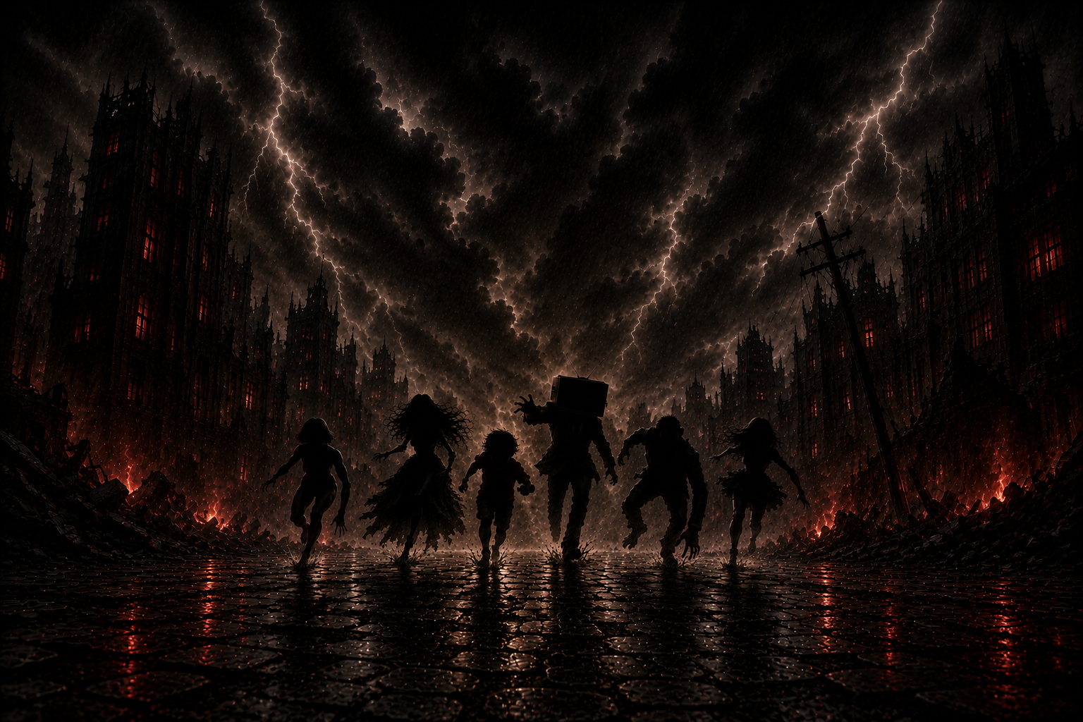 The six MISTAKES silhouettes standing in cinematic fog